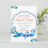 Blauw en oranje trouw save the date kaart (Staand voorkant)