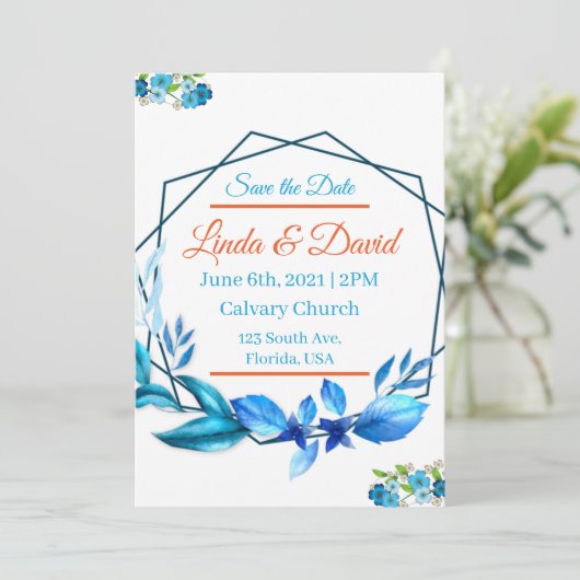 Blauw en oranje trouw save the date kaart (Staand voorkant)