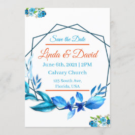 Blauw en oranje trouw save the date kaart