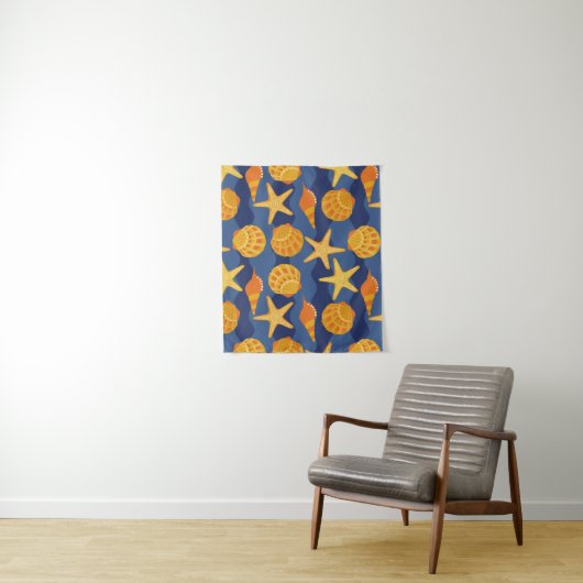 Blauw en Oranje zeeslakpatroon Wandkleed (In situ)