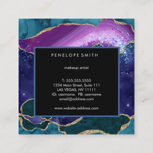 Blauw en Paars Agate Abstract Vierkante Visitekaartje (Achterkant)