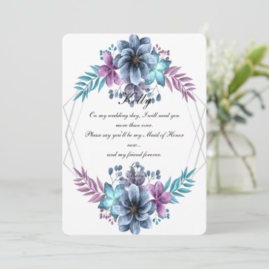 Blauw en Paars Aquarel Bloemstuk Bruidsmeisje Kaart (Staand voorkant)