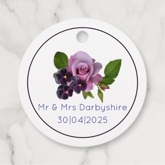 Blauw en paars bloemmotief  bedankjes labels (Achterkant)