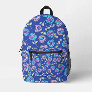 Blauw en paars bloemmotief bedrukte rugzak