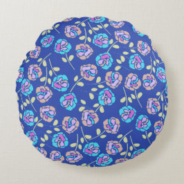 Blauw en Paars Bloemmotief Rond Kussen