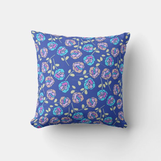 Blauw en Paars Bloempatroon Kussen (Voorkant)