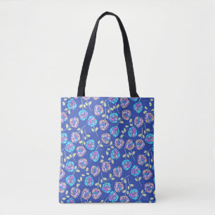Blauw en paars bloempatroon tote bag