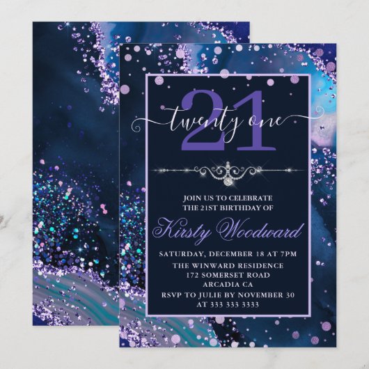 Blauw en Paars faux Glitter Agate Birthday Kaart (Voorkant / Achterkant)