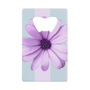 blauw en paars gestreept madeliefjespatroon creditkaart flessenopener