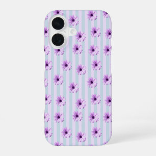 blauw en paars gestreept madeliefjespatroon iPhone 16 hoesje