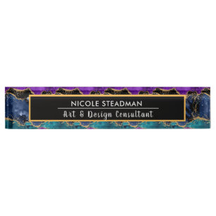 Blauw en Paars Glitter Peacock Agate Square Naambordje