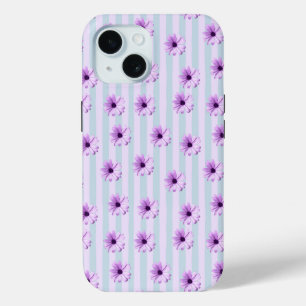 Blauw en paars madeliefjespatroon iPhone 15 case