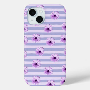 Blauw en paars madeliefjespatroon iPhone 15 case