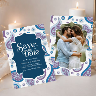 Blauw en paars paisley Indische stijl trouwfoto Save The Date