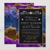 Blauw en Paars Peacock Agate & goudglitter Weddens Kaart (Voorkant / Achterkant)