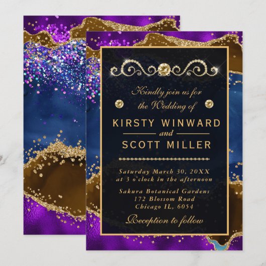 Blauw en Paars Peacock Agate & goudglitter Weddens Kaart (Voorkant / Achterkant)