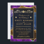 Blauw en Paars Peacock Agate & goudglitter Weddens Kaart<br><div class="desc">Blauw,  Oranje en Paars Peacock Agate & faux goudglitter design met gouddiamanten clipart</div>