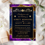 Blauw en Paars Peacock Agate & goudglitter Weddens Kaart<br><div class="desc">Blauw,  Oranje en Paars Peacock Agate & faux goudglitter design met gouddiamanten clipart</div>