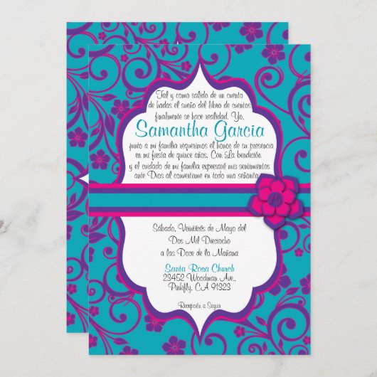 Blauw en Paars Spaans Quinceañera Kaart (Voorkant / Achterkant)