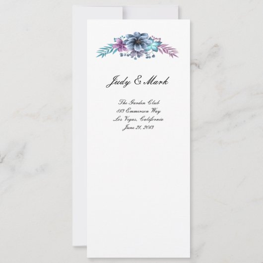 Blauw en paars waterverf bloem bruiloftsmenu kaart (Achterkant)