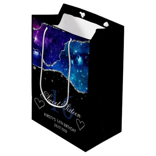 Blauw en Paars zilver Glitter Galaxy Agate Sweet 1 Medium Cadeauzakje (Voorkant Gekanteld)