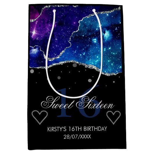 Blauw en Paars zilver Glitter Galaxy Agate Sweet 1 Medium Cadeauzakje (Voorkant)
