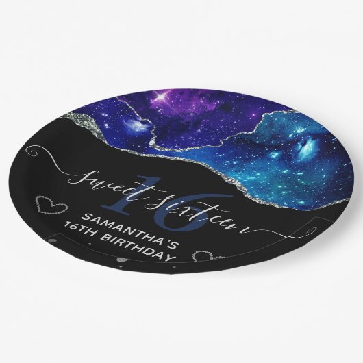 Blauw en Paars zilver Glitter Galaxy Agate Sweet 1 Papieren Bordje (Gekanteld)