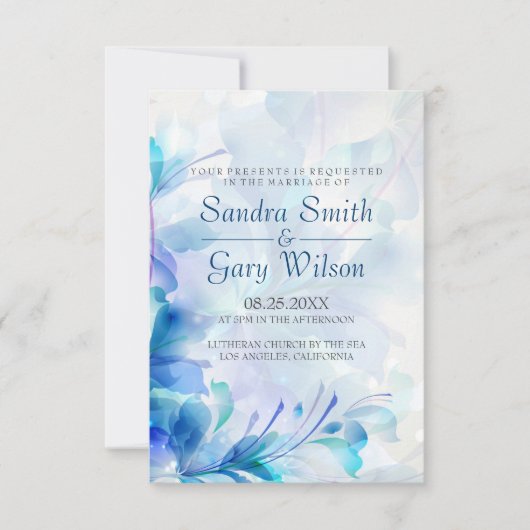 Blauw en Paarse Abstracte Bloemen Bruiloft Kaart (Voorkant)