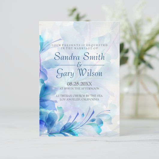 Blauw en Paarse Abstracte Bloemen Bruiloft Kaart (Staand voorkant)