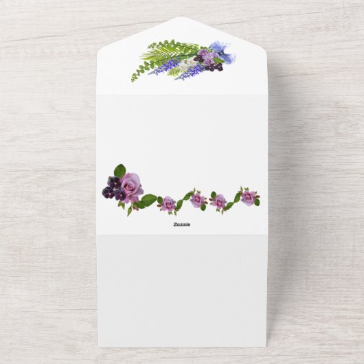 Blauw en paarse bloemen all in one uitnodiging (Buitenkant)