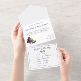 Blauw en paarse bloemen all in one uitnodiging