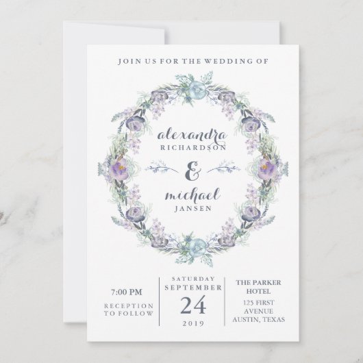 Blauw en Paarse Bloemen Krans Bruiloft Kaart (Voorkant)