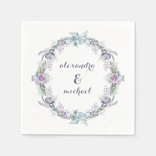 Blauw en Paarse Bloemen Krans Bruiloft Servetten (Voorkant)