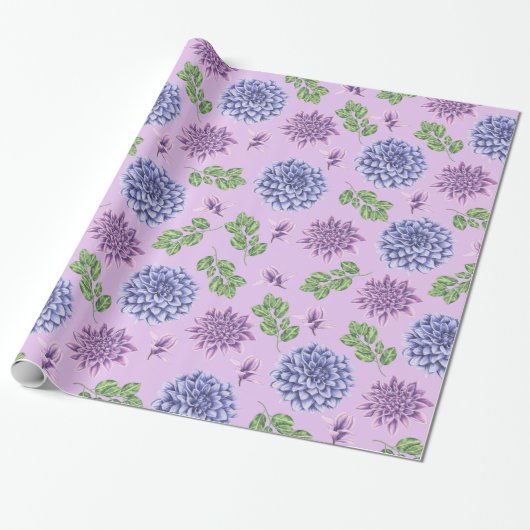 Blauw en paarse bloemen op lavender cadeaupapier (Uitgerold)