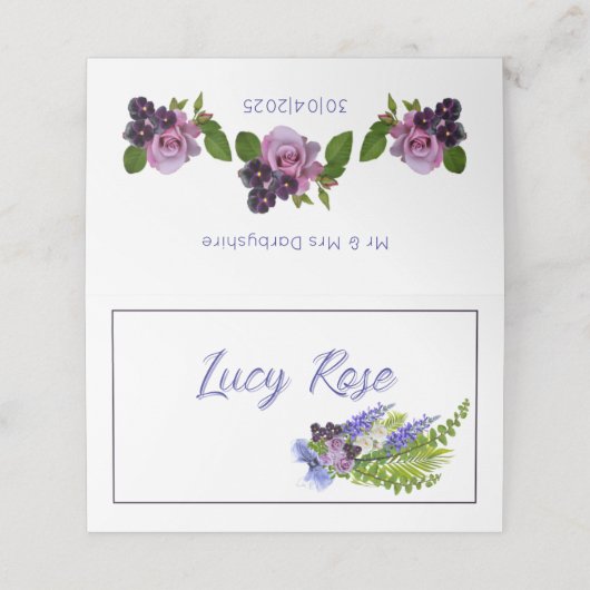 Blauw en paarse bloemen plaatskaartje (Buitenkant ongevouwen)