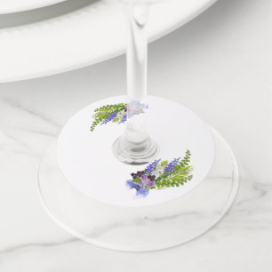 Blauw en paarse bloemen wijnglaslabel