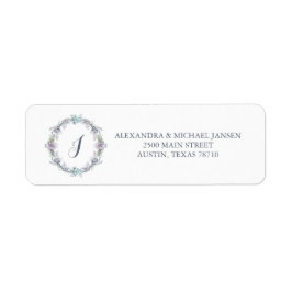 Blauw en Paarse Bloemenkrans Bruiloft Monogram Etiket