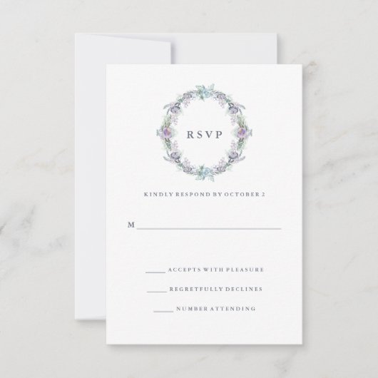 Blauw en Paarse Bloemenkrans bruiloft RSVP Kaartje (Voorkant)