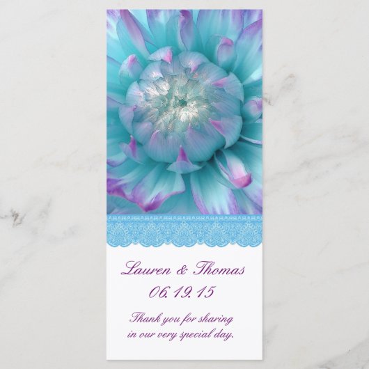 Blauw en Paarse Dahlia Lace Accent Trouwprogramma Programmakaart (Achterkant)