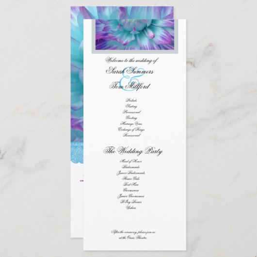 Blauw en Paarse Dahlia Lace Accent Trouwprogramma Programmakaart (Voorkant / Achterkant)