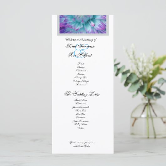 Blauw en Paarse Dahlia Lace Accent Trouwprogramma Programmakaart (Staand voorkant)