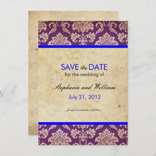 Blauw en Paarse Damask Bruiloft Save the Date (Voorkant / Achterkant)