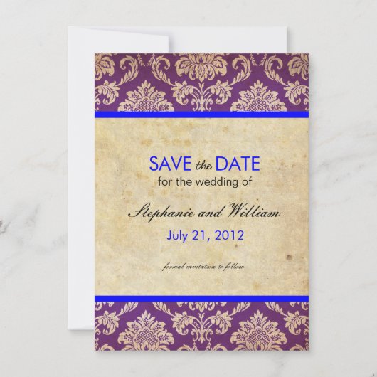 Blauw en Paarse Damask Bruiloft Save the Date (Voorkant)