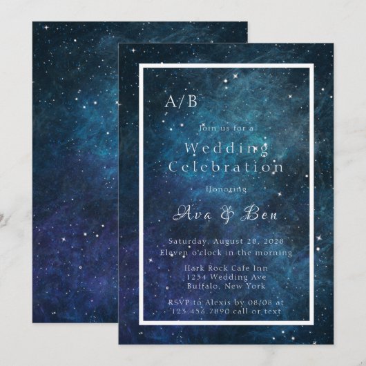 Blauw en Paarse Galaxy Space Initialen Bruiloft Kaart (Voorkant / Achterkant)