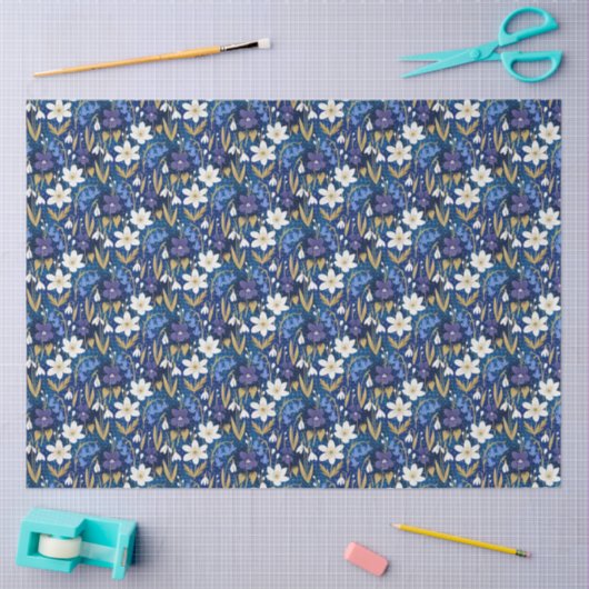 Blauw en Paarse geïllustreerde bloemendecoupage Tissuepapier (Craft)