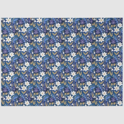 Blauw en Paarse geïllustreerde bloemendecoupage Tissuepapier (Voorkant)