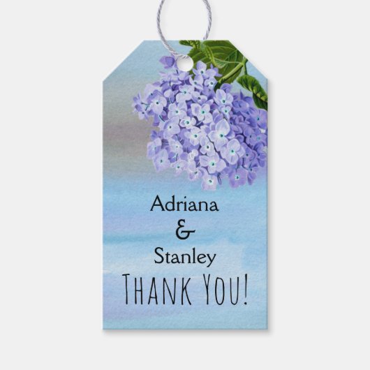 Blauw en paarse hortensia bloemenbruiloft Dank u Cadeaulabel (Voorkant)