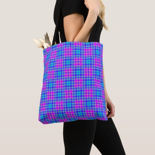 Blauw en Paarse Kleurrijke Plaid Modern Tote Bag (Dichtbij)