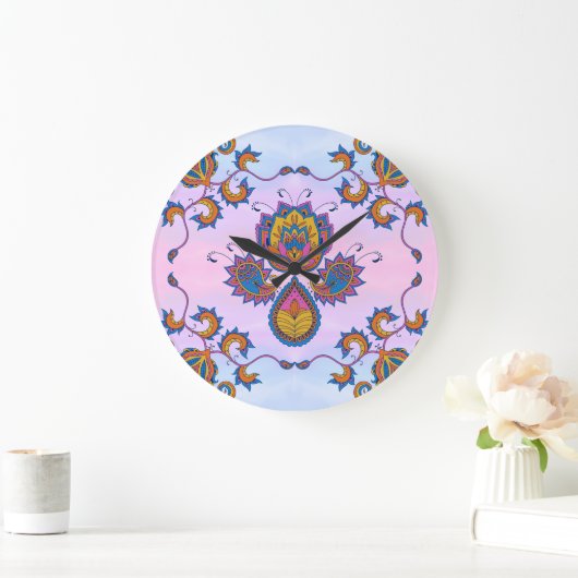 Blauw en Paarse Mehndi Art, Blauw Bloemen Bliss Grote Klok (Huis)