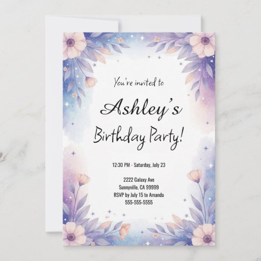  blauw en Paarse meisje's bloem verjaardagsfeestje Kaart (Voorkant)